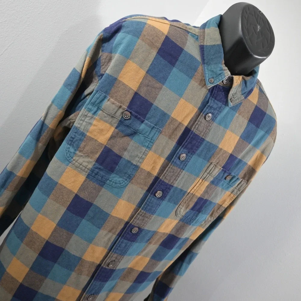 Duluth Trading Co Flannel Button Up Mens XL Tall Relaxed Fit Blue Gold Plaid